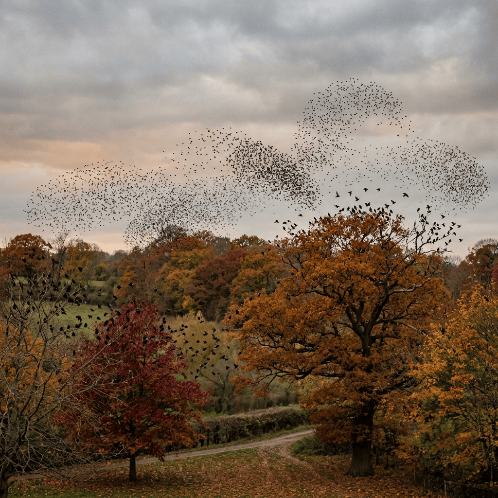 Thousands of birds flock above colorful autumn trees and a park path