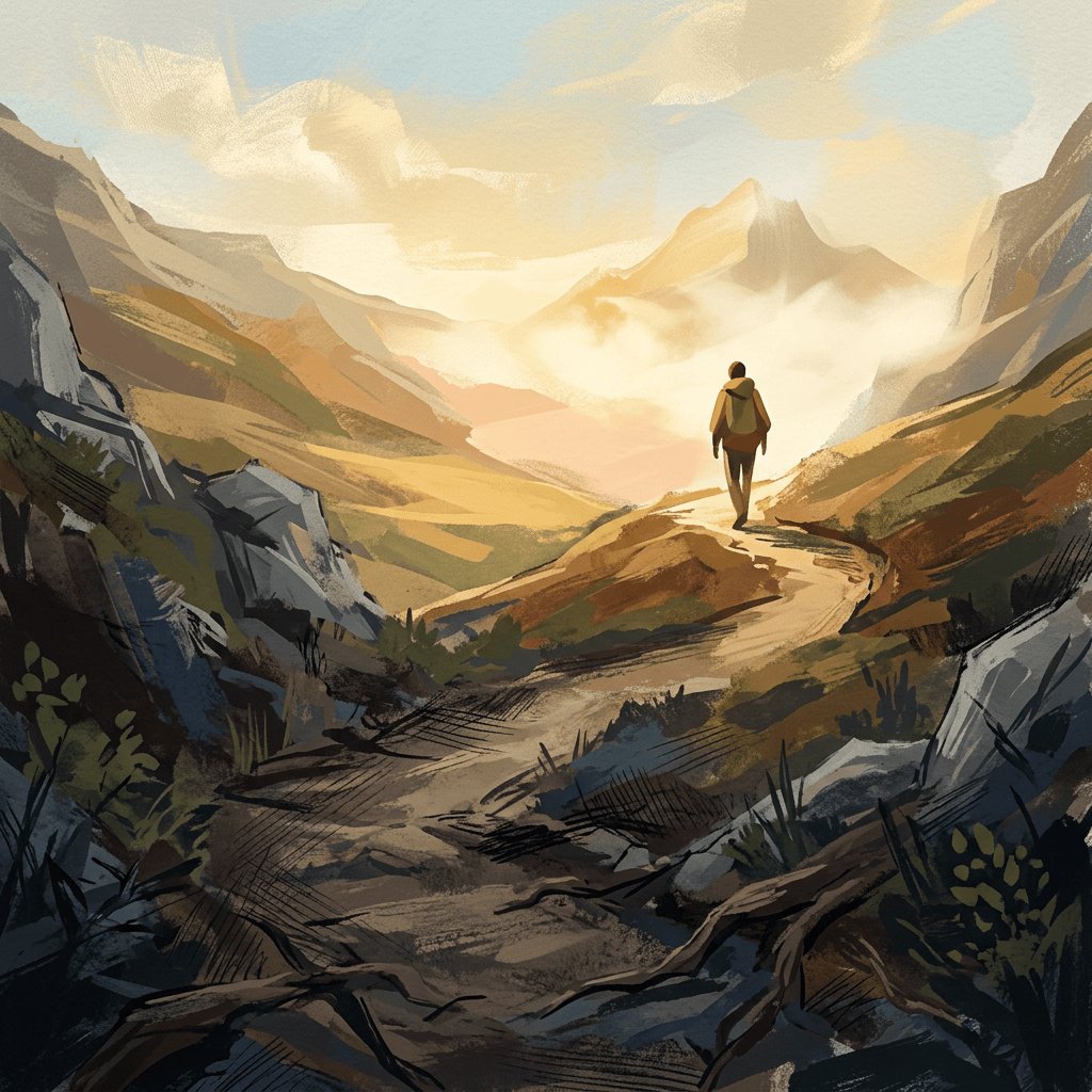 Lone hiker walking along a mountain trail above a misty valley